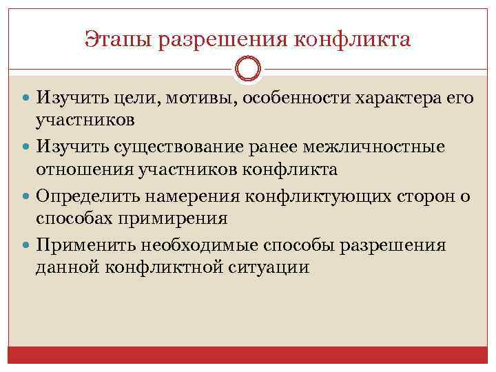 Этапы разрешения конфликта Изучить цели, мотивы, особенности характера его участников Изучить существование ранее межличностные