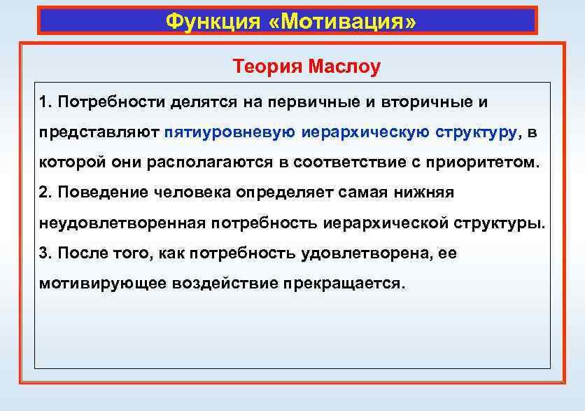 Функция «Мотивация» Теория Маслоу 1. Потребности делятся на первичные и вторичные и представляют пятиуровневую