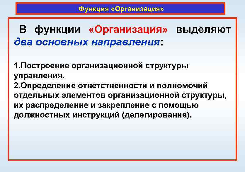 Функция «Организация» В функции «Организация» выделяют два основных направления: 1. Построение организационной структуры управления.