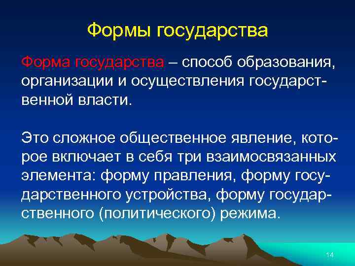 Формы государства Форма государства – способ образования, организации и осуществления государственной власти. Это сложное
