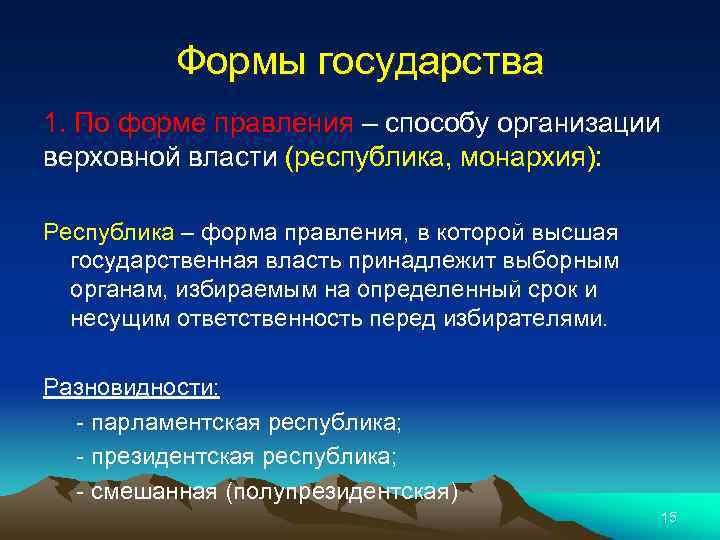 Формы государства 1. По форме правления – способу организации верховной власти (республика, монархия): Республика