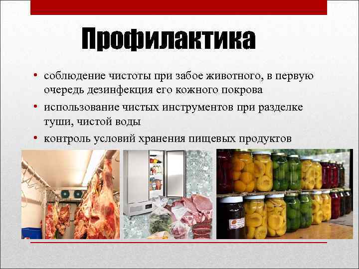 Профилактика • соблюдение чистоты при забое животного, в первую очередь дезинфекция его кожного покрова