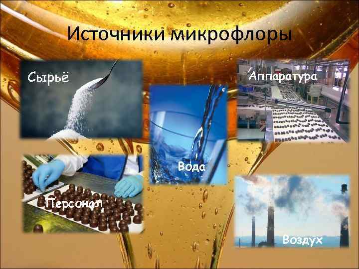 Источники микрофлоры Сырьё Аппаратура Вода Персонал Воздух 