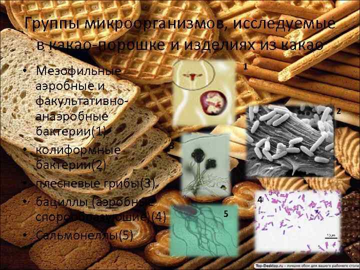 Группы микроорганизмов, исследуемые в какао порошке и изделиях из какао • Мезофильные аэробные и