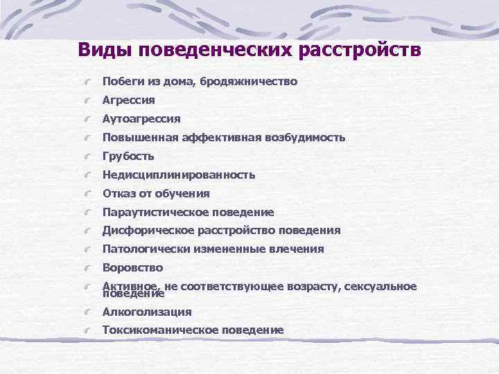 Виды поведенческих расстройств Побеги из дома, бродяжничество Агрессия Аутоагрессия Повышенная аффективная возбудимость Грубость Недисциплинированность