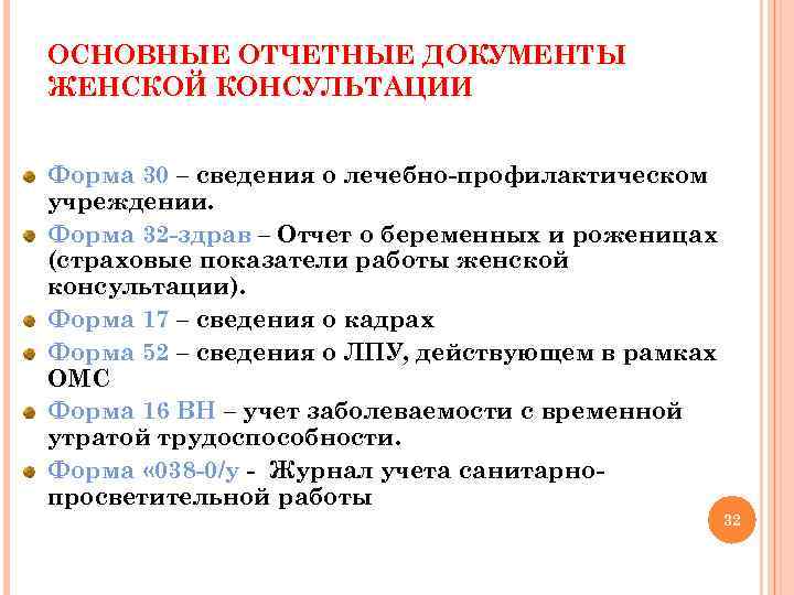 ОСНОВНЫЕ ОТЧЕТНЫЕ ДОКУМЕНТЫ ЖЕНСКОЙ КОНСУЛЬТАЦИИ Форма 30 – сведения о лечебно-профилактическом учреждении. Форма 32