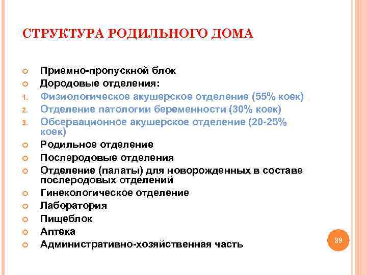 СТРУКТУРА РОДИЛЬНОГО ДОМА 1. 2. 3. Приемно-пропускной блок Дородовые отделения: Физиологическое акушерское отделение (55%