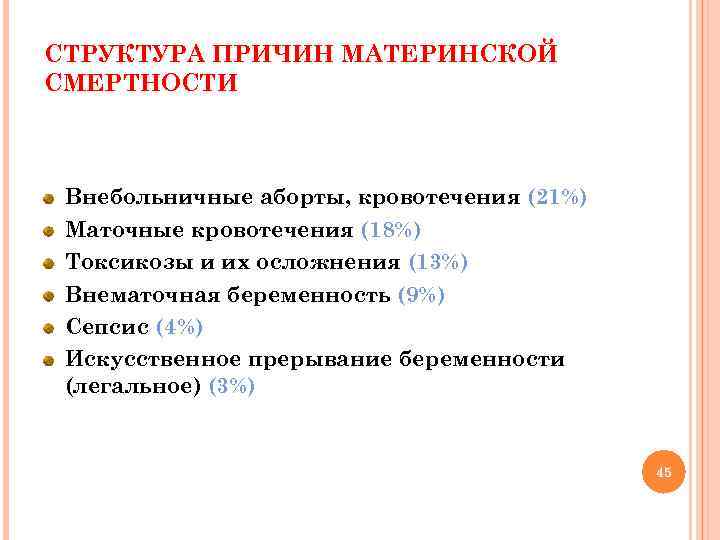 СТРУКТУРА ПРИЧИН МАТЕРИНСКОЙ СМЕРТНОСТИ Внебольничные аборты, кровотечения (21%) Маточные кровотечения (18%) Токсикозы и их