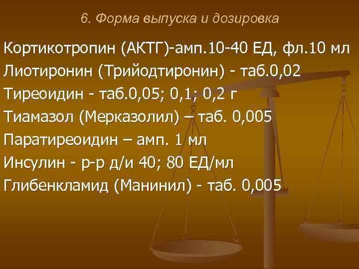 6. Форма выпуска и дозировка Кортикотропин (АКТГ)-амп. 10 -40 ЕД, фл. 10 мл Лиотиронин
