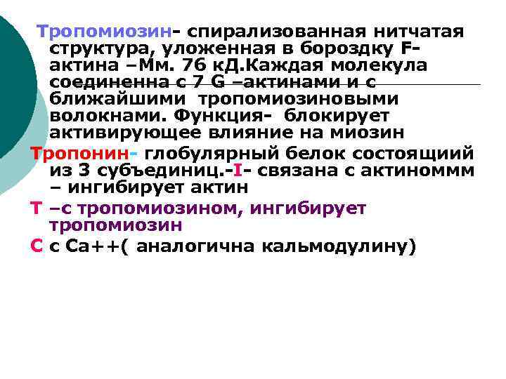 Тропомиозин- спирализованная нитчатая структура, уложенная в бороздку Fактина –Мм. 76 к. Д. Каждая молекула