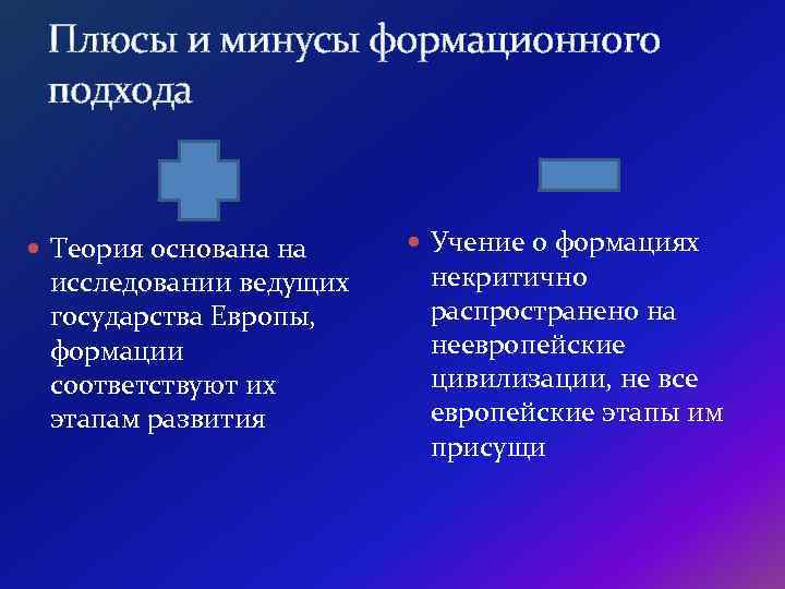 Плюсы и минусы формационного подхода Теория основана на исследовании ведущих государства Европы, формации соответствуют