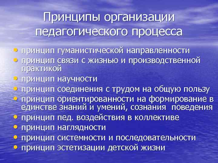 Принципы организации педагогического процесса • принцип гуманистической направленности • принцип связи с жизнью и