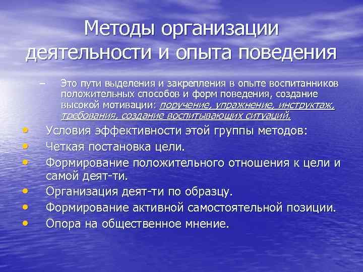 Методы организации деятельности и опыта поведения – • • • Это пути выделения и