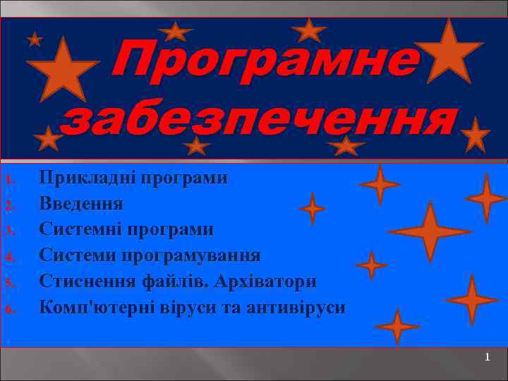 Програмне забезпечення 1. 2. 3. 4. 5. 6. Прикладні програми Введення Системні програми Системи