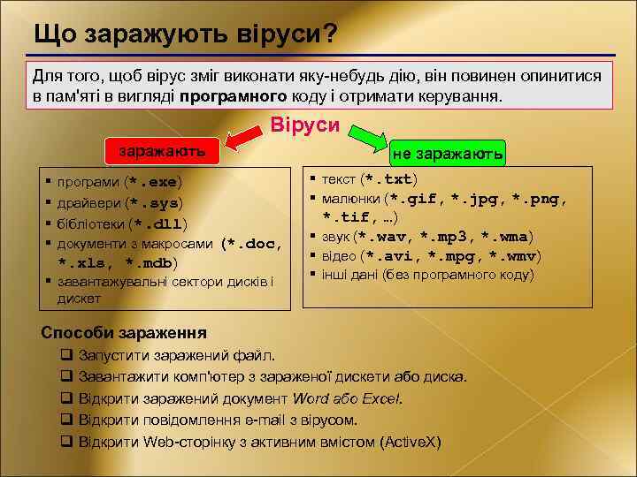 Що заражують віруси? Для того, щоб вірус зміг виконати яку-небудь дію, він повинен опинитися