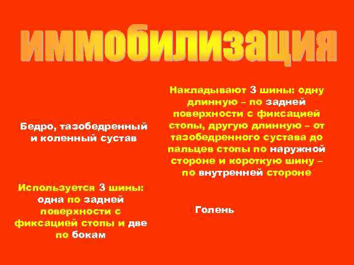 Бедро, тазобедренный и коленный сустав Используется 3 шины: одна по задней поверхности с фиксацией