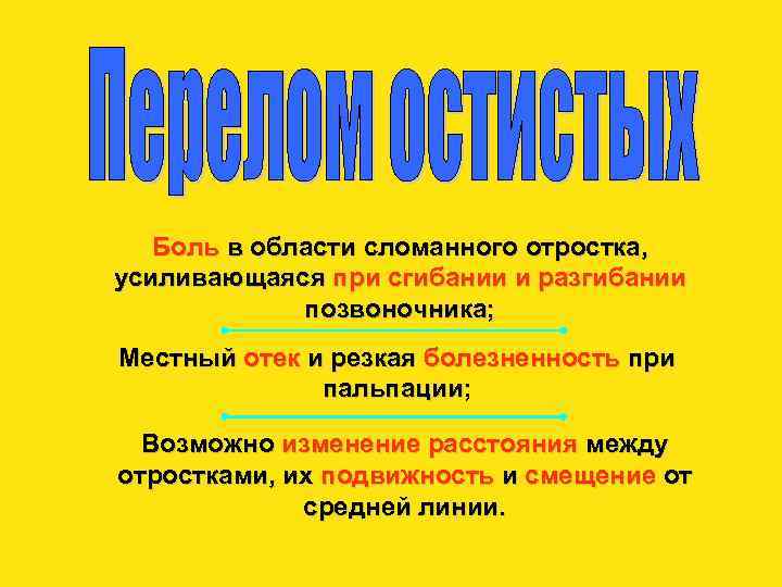 Боль в области сломанного отростка, усиливающаяся при сгибании и разгибании позвоночника; Местный отек и