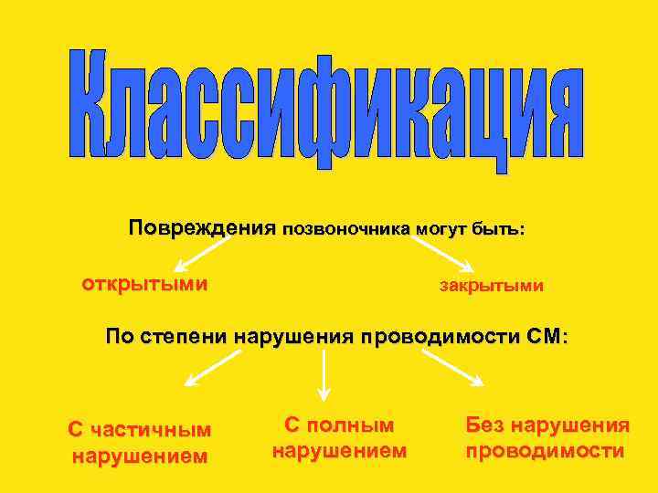 Повреждения позвоночника могут быть: открытыми закрытыми По степени нарушения проводимости СМ: С частичным нарушением