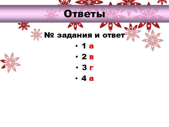 Ответы № задания и ответ • 1 а • 2 в • 3 г