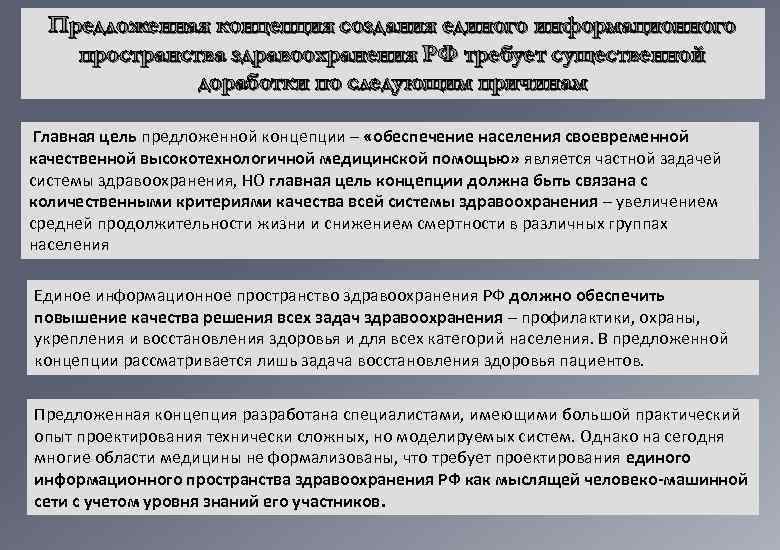 Предложенная концепция создания единого информационного пространства здравоохранения РФ требует существенной доработки по следующим причинам