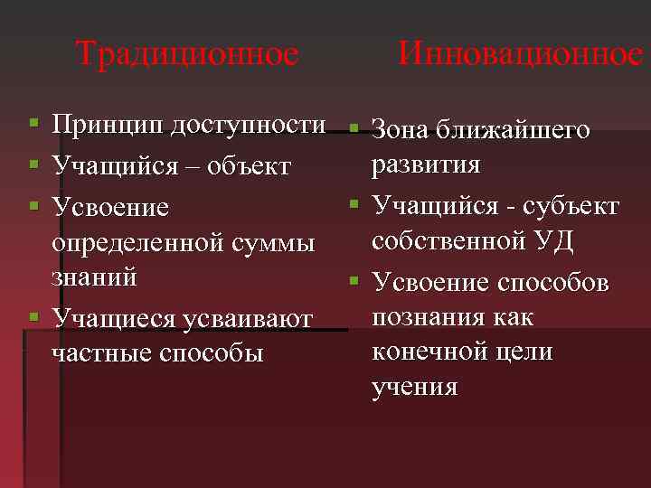 Традиционное § § § Инновационное Принцип доступности § Зона ближайшего развития Учащийся – объект