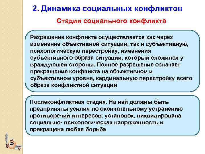 2. Динамика социальных конфликтов Стадии социального конфликта Разрешение конфликта осуществляется как через изменение объективной