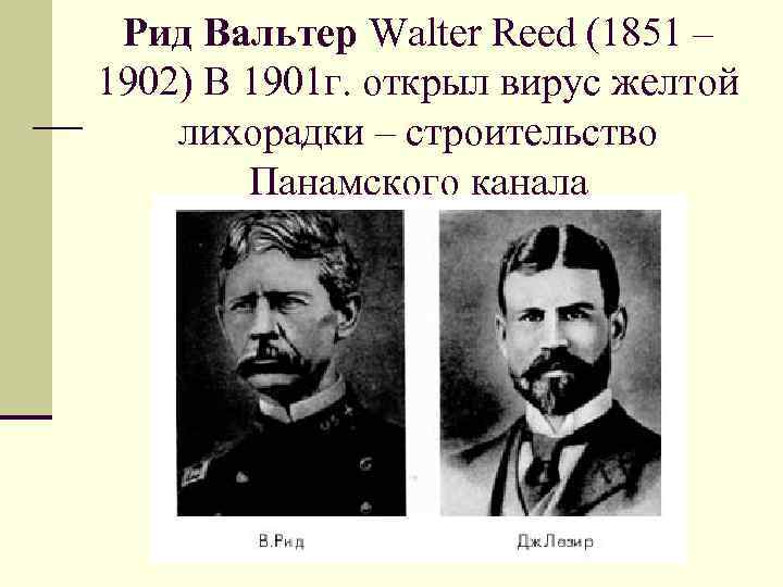 Рид Вальтер Walter Reed (1851 – 1902) В 1901 г. открыл вирус желтой лихорадки