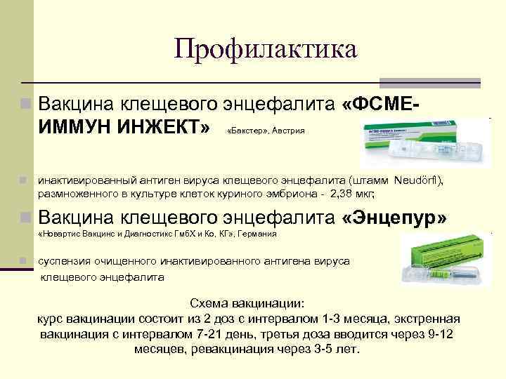 Профилактика n Вакцина клещевого энцефалита «ФСМЕ- ИММУН ИНЖЕКТ» n «Бакстер» , Австрия инактивированный антиген