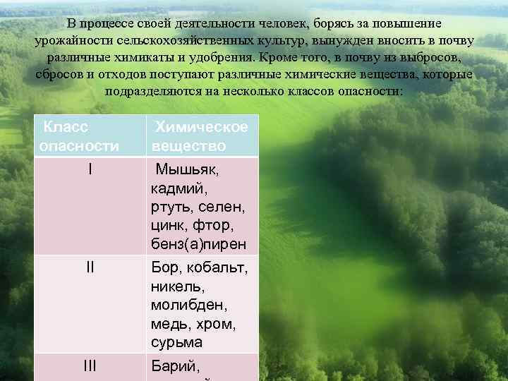 В процессе своей деятельности человек, борясь за повышение урожайности сельскохозяйственных культур, вынужден вносить в