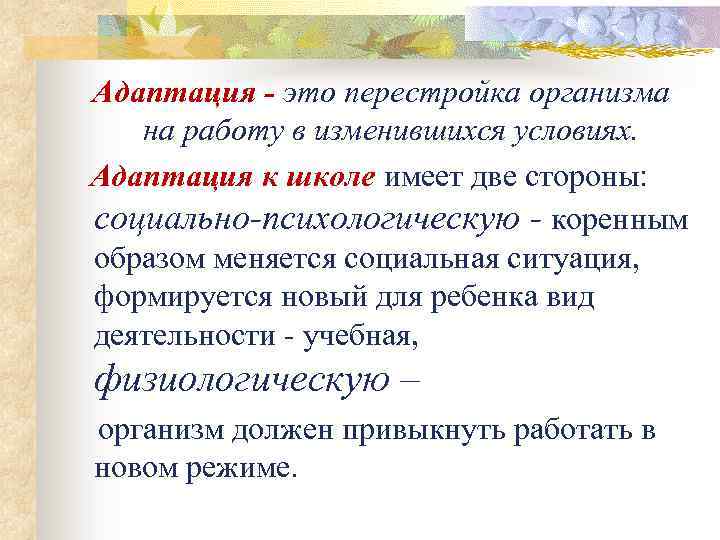 Адаптация - это перестройка организма на работу в изменившихся условиях. Адаптация к школе имеет