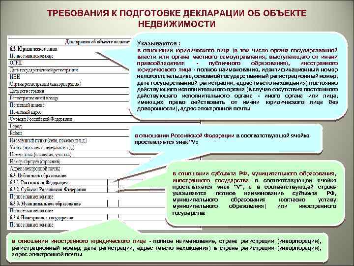 ТРЕБОВАНИЯ К ПОДГОТОВКЕ ДЕКЛАРАЦИИ ОБ ОБЪЕКТЕ НЕДВИЖИМОСТИ Указываются : в отношении юридического лица (в