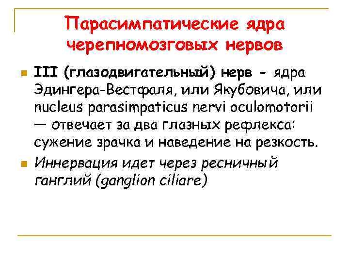 Парасимпатические ядра черепномозговых нервов n n III (глазодвигательный) нерв - ядра Эдингера-Вестфаля, или Якубовича,