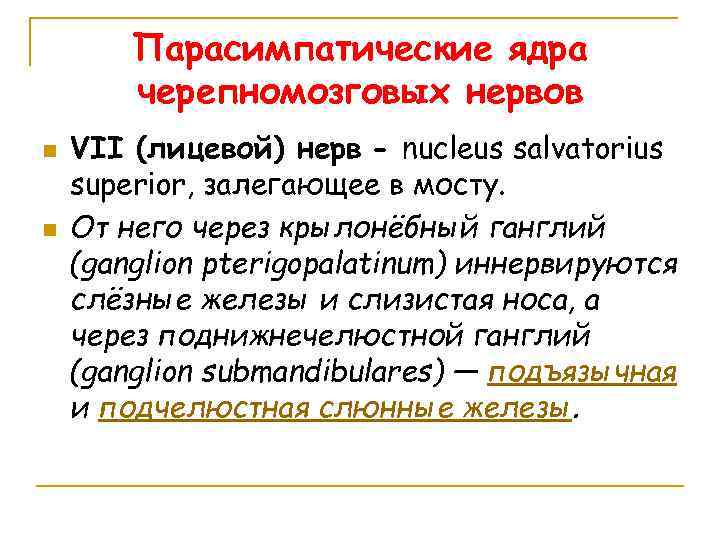 Парасимпатические ядра черепномозговых нервов n n VII (лицевой) нерв - nucleus salvatorius superior, залегающее