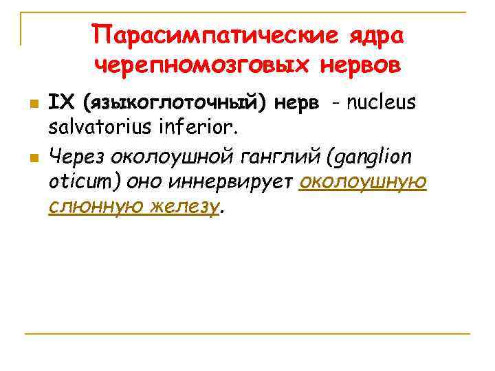 Парасимпатические ядра черепномозговых нервов n n IX (языкоглоточный) нерв - nucleus salvatorius inferior. Через