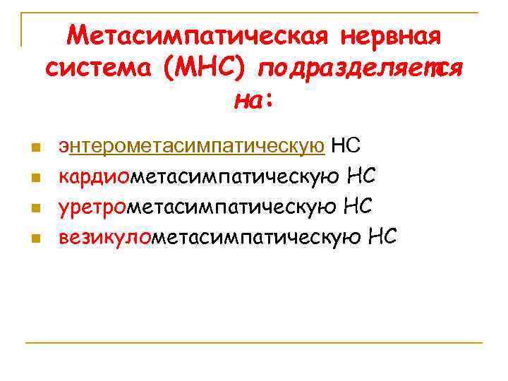 Метасимпатическая нервная система (МНС) подразделяется на: n n энтерометасимпатическую НС кардиометасимпатическую НС уретрометасимпатическую НС