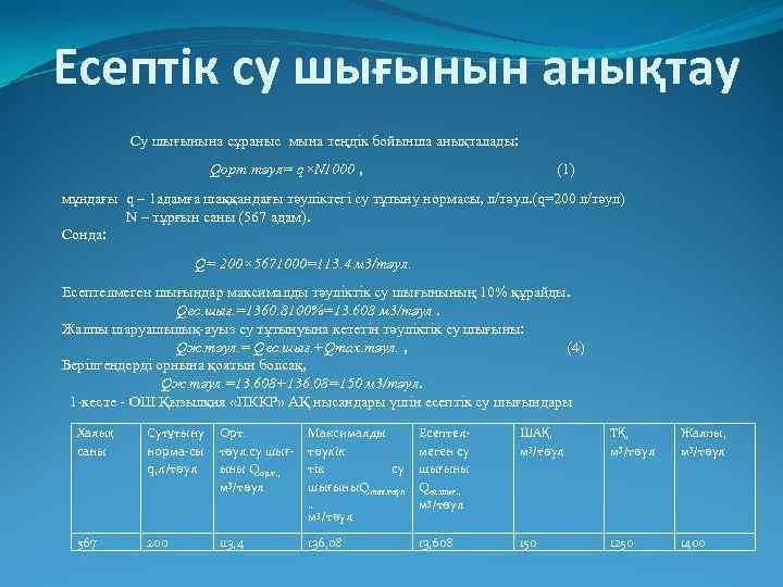 Есептік су шығынын анықтау Су шығынына сұраныс мына теңдік бойынша анықталады: Qорт. тәул= q×N