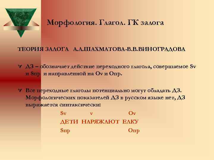 Морфология. Глагол. ГК залога ТЕОРИЯ ЗАЛОГА А. А. ШАХМАТОВА-В. В. ВИНОГРАДОВА Ú ДЗ –