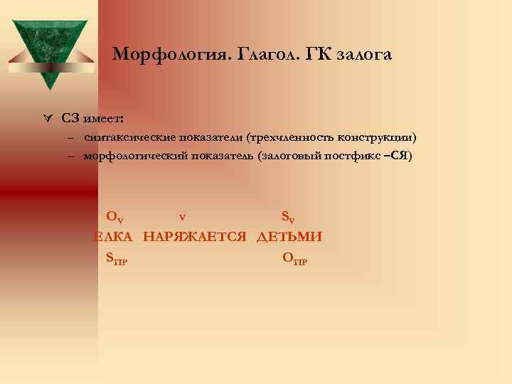 Морфология. Глагол. ГК залога Ú СЗ имеет: – синтаксические показатели (трехчленность конструкции) – морфологический