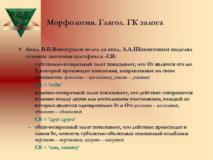 Морфология. Глагол. ГК залога Ú Акад. В. В. Виноградов вслед за акад. А. А.