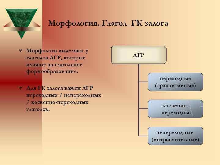 Морфология. Глагол. ГК залога Ú Морфологи выделяют у глаголов ЛГР, которые влияют на глагольное