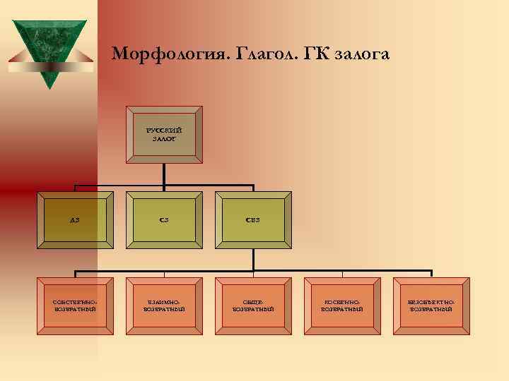 Морфология. Глагол. ГК залога РУССКИЙ ЗАЛОГ ДЗ СЗ СВЗ СОБСТВЕННОВОЗВРАТНЫЙ ВЗАИМНОВОЗВРАТНЫЙ ОБЩЕВОЗВРАТНЫЙ КОСВЕННОВОЗВРАТНЫЙ БЕЗОБЪЕКТНОВОЗВРАТНЫЙ