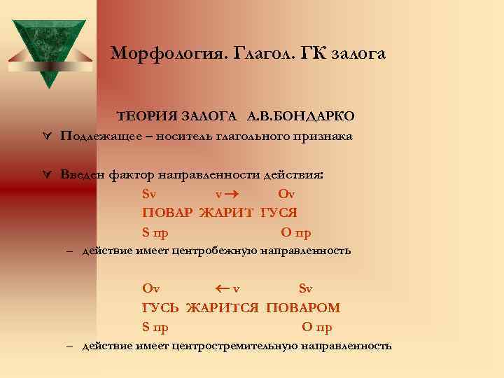 Морфология. Глагол. ГК залога ТЕОРИЯ ЗАЛОГА А. В. БОНДАРКО Ú Подлежащее – носитель глагольного