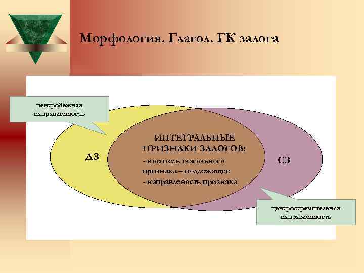 Морфология. Глагол. ГК залога центробежная направленность ДЗ ИНТЕГРАЛЬНЫЕ ПРИЗНАКИ ЗАЛОГОВ: - носитель глагольного признака