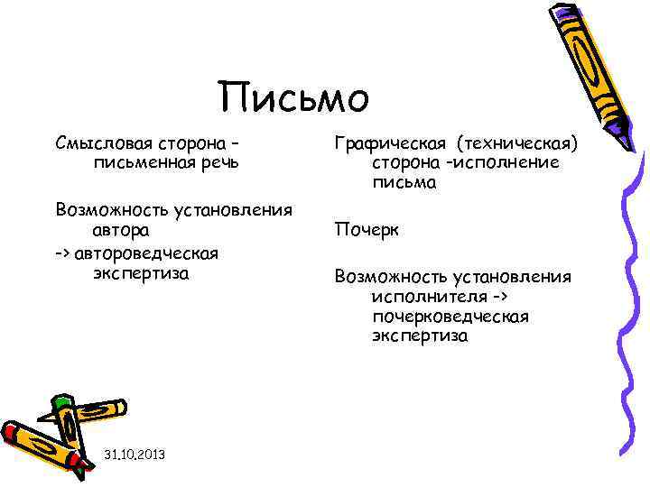 Письмо Смысловая сторона – письменная речь Возможность установления автора -> автороведческая экспертиза 31. 10.