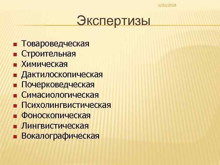 1/31/2018 Экспертизы n n n n n Товароведческая Строительная Химическая Дактилоскопическая Почерковедческая Симасиологическая Психолингвистическая