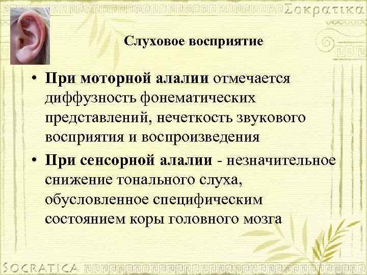 Слуховое восприятие • При моторной алалии отмечается диффузность фонематических представлений, нечеткость звукового восприятия и