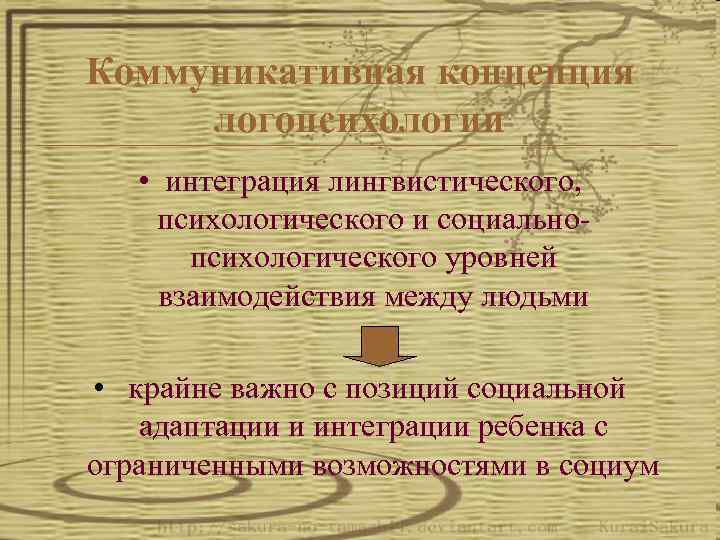 Коммуникативная концепция логопсихологии • интеграция лингвистического, психологического и социальнопсихологического уровней взаимодействия между людьми •