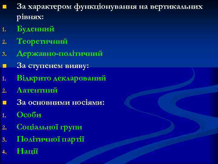 n 1. 2. 3. 4. За характером функціонування на вертикальних рівнях: Буденний Теоретичний Державно-політичний