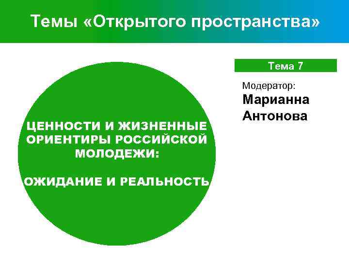 Темы «Открытого пространства» Тема 7 Модератор: ЦЕННОСТИ И ЖИЗНЕННЫЕ ОРИЕНТИРЫ РОССИЙСКОЙ МОЛОДЕЖИ: ОЖИДАНИЕ И