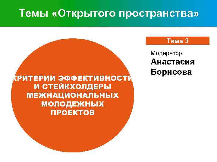 Темы «Открытого пространства» Тема 3 Модератор: КРИТЕРИИ ЭФФЕКТИВНОСТИ И СТЕЙКХОЛДЕРЫ МЕЖНАЦИОНАЛЬНЫХ МОЛОДЕЖНЫХ ПРОЕКТОВ Анастасия